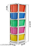 A stack of five multicolored plastic storage bins