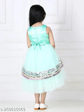 Sea green hi-low net dress for kids, sleeveless, printed pattern, 1-2 years