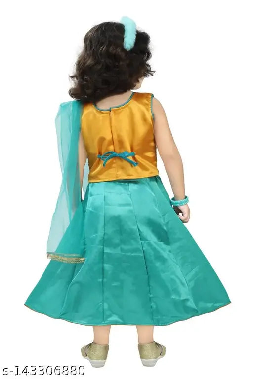 Sleeveless cotton blend lehenga set with embroidered patterns, net dupatta - party wear for infants and toddlers, Indian origin