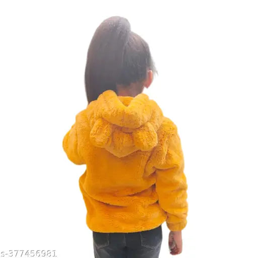 KANIKA faux fur hooded sweatshirt for kids girls, self-design pattern, long sleeves & front pockets, winter wear in polyester fabric, warm and cozy
