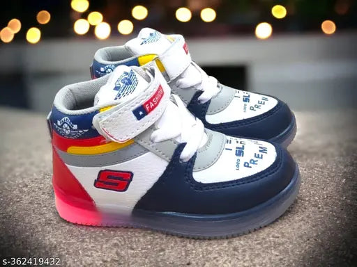 Colorblocked synthetic leather LED light shoes for kids (2.5-5 years), featuring memory foam insoles and adjustable Velcro closures. Ideal for partywear, easy to wear, waterproof, and suitable for both boys and girls