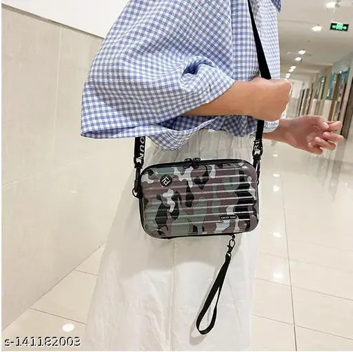 Women's slingbox bag with camouflage design, multiple pockets and compartments