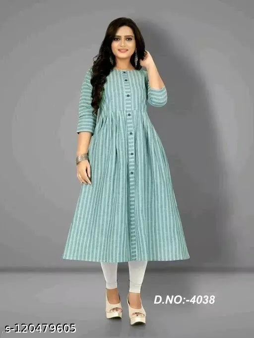 Blue striped pure cotton anarkali kurta with three-quarter sleeves, Indian women's fashion on display