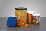 Set of four stackable airtight plastic kitchen storage containers, black with clear lids, including one spoon, 350ml to 900ml capacity