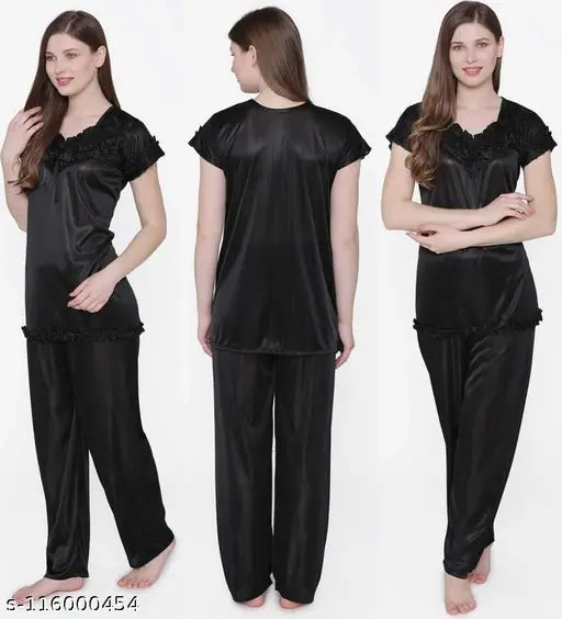 Stylish satin pyjamas for women by Aely Shine Enterprises, solid-colored sleepwear with short sleeves, available in sizes S, M, L, Free Size, and XL, made in India
