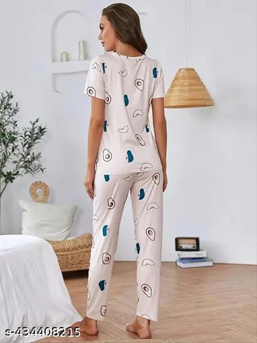 Camelon Women's Satin Night Suit with Avocado Print, premium cotton blend sleepwear for luxurious comfort