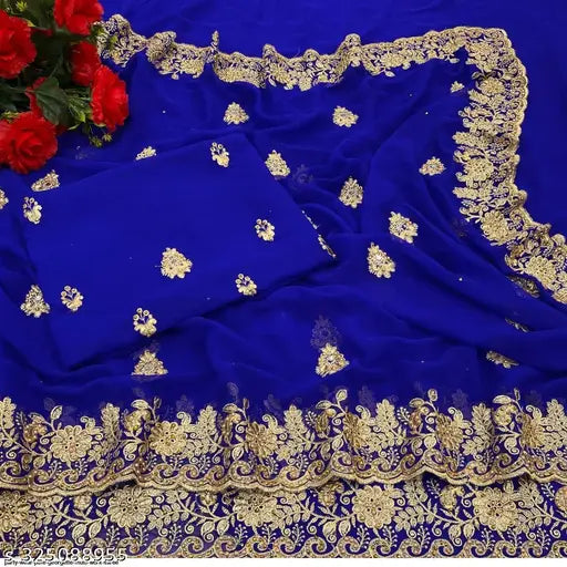 Royal blue georgette saree with zari embroidery, cutwork border, full diamonds paisley pattern, CC fabric