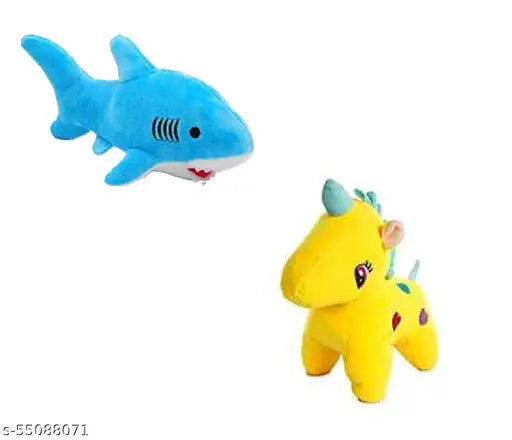 Blue shark and unicorn fiber net toy, soft lovable huggable for 'I Love You' teddy in multicolor