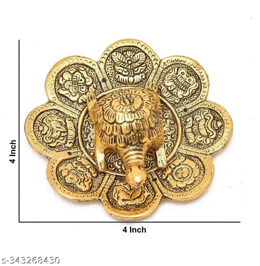 SYNU metal feng shui tortoise on plate showpiece, aluminum gold decorative good luck symbol for home, 4.5 x 1.5 x 4.5 inch, symbolizes longevity and strength, country of origin: India