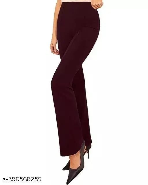 Maroon bell bottom trousers with high waist, bootcut style for women