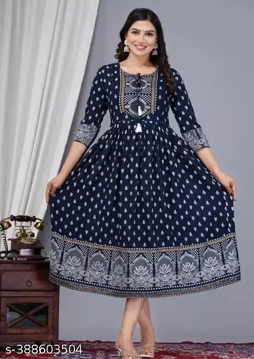 Rayon Anarkali-Sharara Set, fancy stylish kurti for women, India origin, three-quarter sleeve print combo