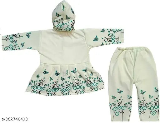 Wool winter hoody sweat frock & pyjama combo set for girls, printed pattern on long sleeves