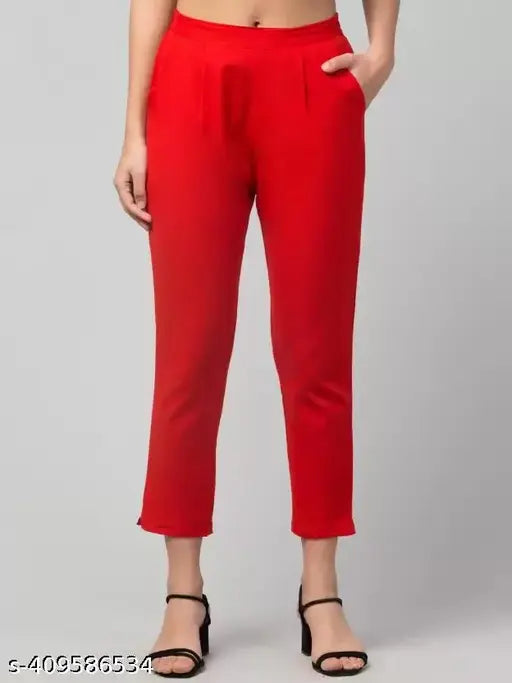 Red cotton blend trousers for women, regular fit, solid pattern
