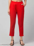 Red cotton blend trousers for women, regular fit, solid pattern