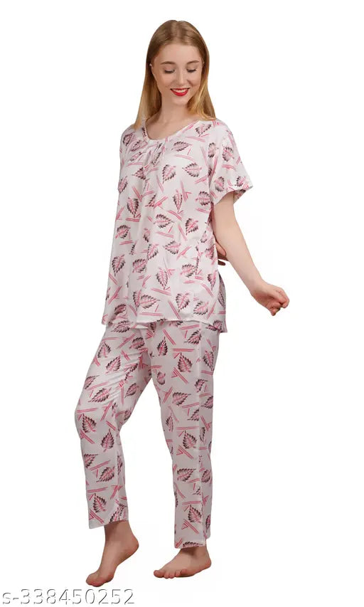 Women's rayon tropical print nightsuit with round neck & short sleeves, ultimate comfort in pyjamas style
