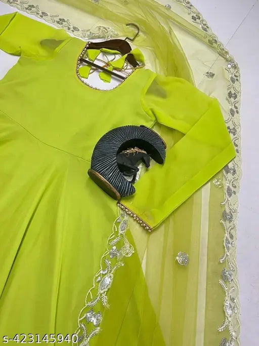 Georgette traditional anarkali gown and dupatta set for women, solid color, long sleeves, available in sizes S-XXL, made in India