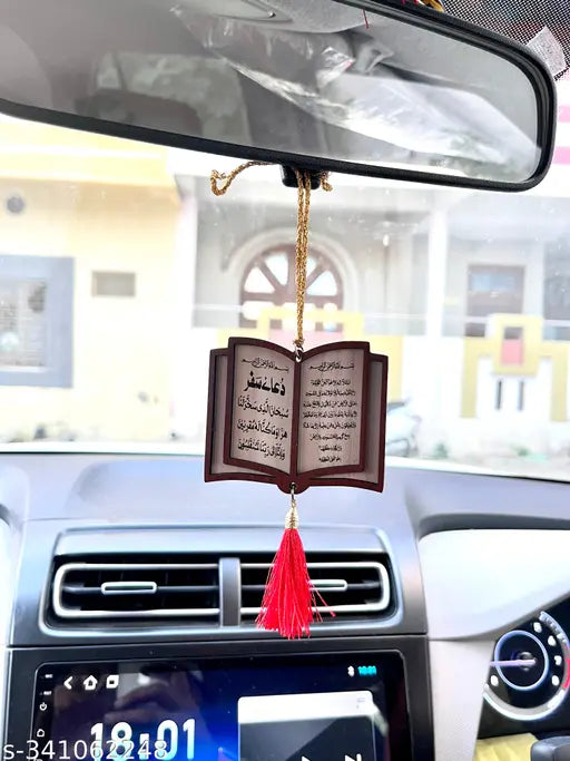 Multicolored FRZ9 Islamic SAFR DUA & AYTALKURSI wooden car hanging accessories for safe journey, Indian religious idols decorating dashboard rear view mirror