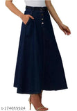 Blue solid denim A-line skirt, sizes 26-44, made in India