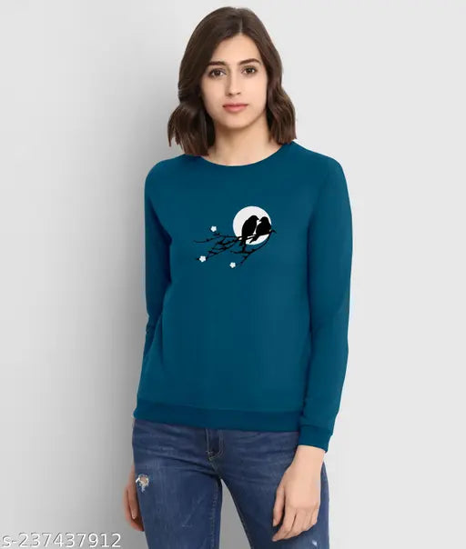Teal full-sleeve printed round-neck back print t-shirt, women's casual wear, oversize fit, imported