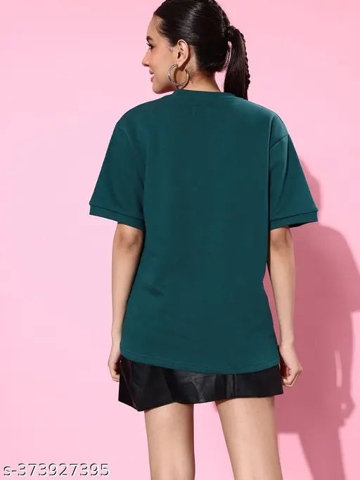 Women's green oversized cotton sweatshirt - solid, short sleeves, XS to XL sizes for comfortable and trendy style