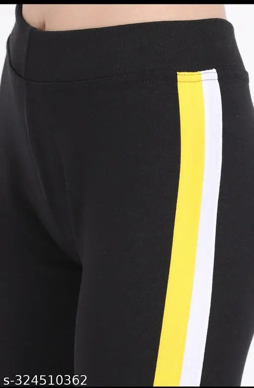 Black colorblocked Lycra jegging for women, ideal for yoga or gym wear. Available in sizes S-XXL. Made in India