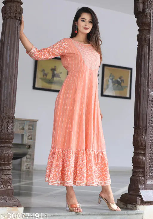 Peach rayon floral embroidered Anarkali Kurta, Indian ethnic wear with sequins and beads, XL (36in bust, 50in length)