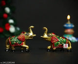 Metal elephant meena set of 2 for home decoration, gold-plated Indian temple showpiece items, each 6.5 cm long, 9 cm high, and 3 cm wide