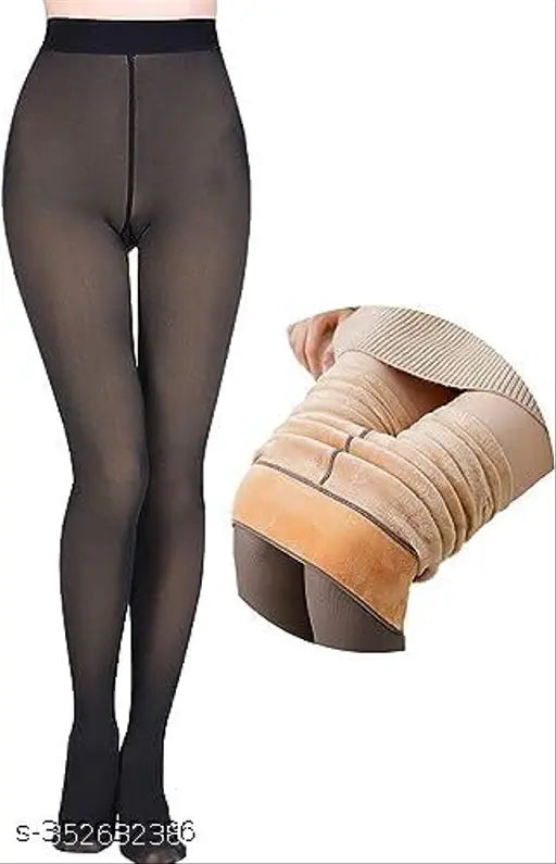 Warm fleece-lined, opaque high waist leggings by QRAFTINK in solid cotton blend. Ideal for winter wear, free size pack of 1