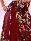Maroon printed satin maxi wrap skirt for women, ideal for casual and formal occasions, suitable for spring, summer, and autumn