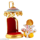 Marble & polyresin Ganesh idol statue with gold plate umbrella chatri, elevates spirituality for car dashboard, office table decor