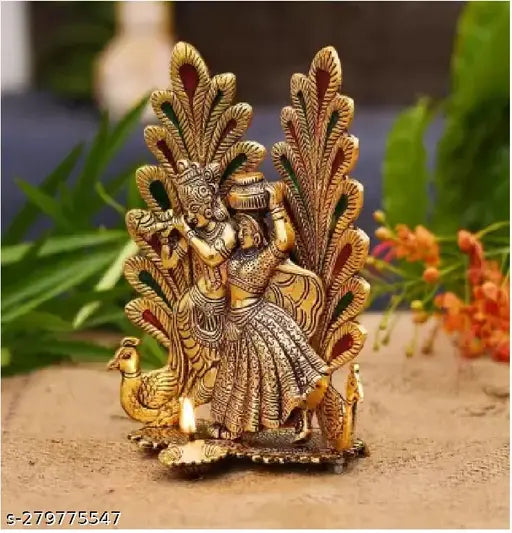 Metal Krishna-Radha Idol Statue, intricately crafted Hindu showpiece (10cm x 10cm x 10cm), perfect for home decor & spiritual spaces. Indian handicraft, celebrating the timeless love story of Radha and Krishna