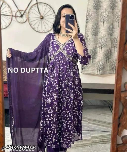 Purple Aliya cut Rayon three-quarter sleeve printed kurta, georgette chikankari embroidery for traditional events, India
