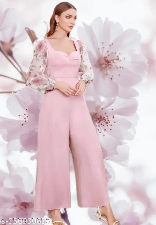 Lycra pink flower print jumpsuit for women, solid pattern, long sleeves, various sizes available