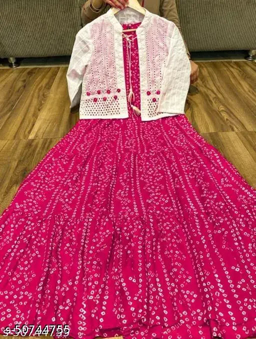 Pink cotton ankle-length Anarkali Kurta with Shifli Jacket, sleeveless, printed, trendy for girls