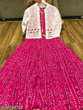Pink cotton ankle-length Anarkali Kurta with Shifli Jacket, sleeveless, printed, trendy for girls