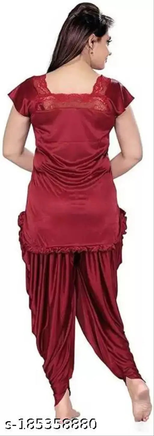 Satin Key Ocean top & Patiala pyjama nightsuit set, free size, lace panel details, elasticated waistband, Indian origin