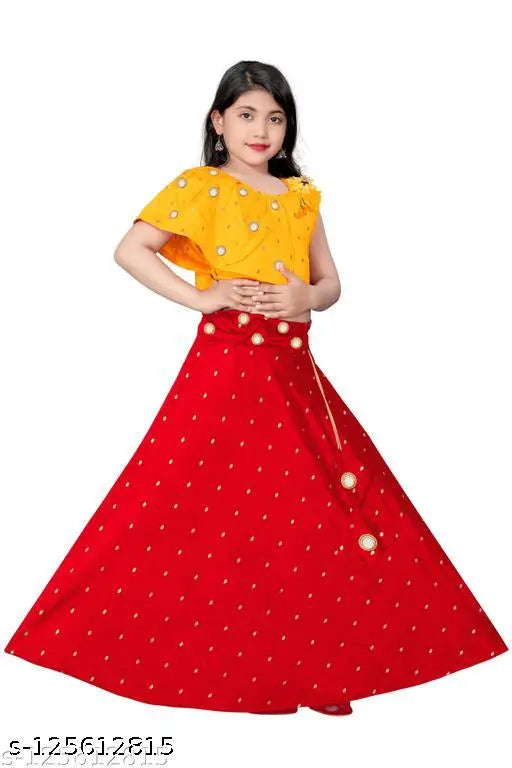 Embroidered cotton blend girls' lehenga choli set with acrylic dupatta, traditional Indian cultural dress for festive occasions