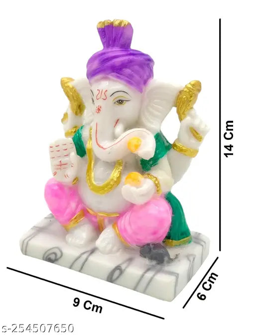 Multicolor marble Ganesh idol, intricately crafted by Indian artisans for spiritual puja decoration (Size: 14x9x6 cm)