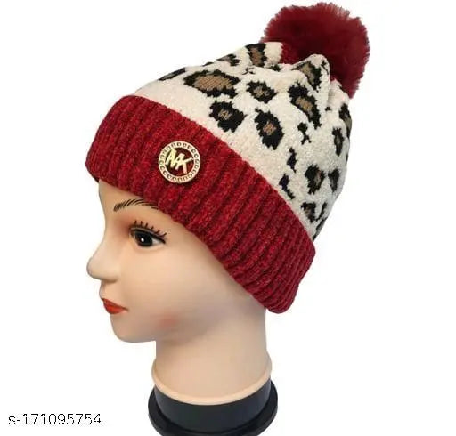 Red and white leopard print cap with pompom, KANEEKSHI logo on front