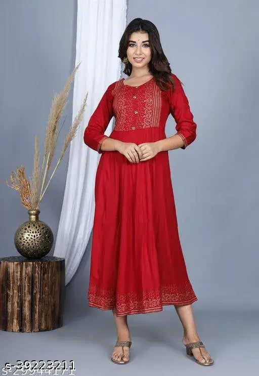 Red cotton women's kurti with embroidered designs, long sleeves