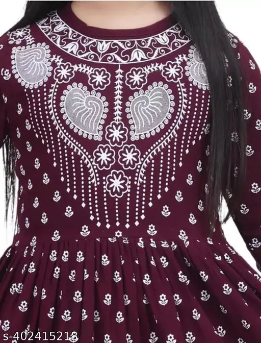 Maroon cotton blend three quarter sleeves party wear top & bottom set for kids