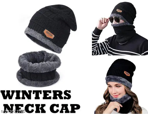 Black and gray knitted beanie hat, inner lining, fleece material, neck scarf set, winter fashion accessory