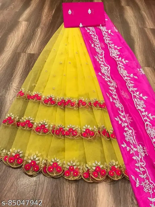 Embroidered satin and net lehenga set with heavy thread work, semi-stitched (waist size: 44 in, length: 43 in), featuring a blouse made from heavy Bangalore silk and dupatta with cut work border