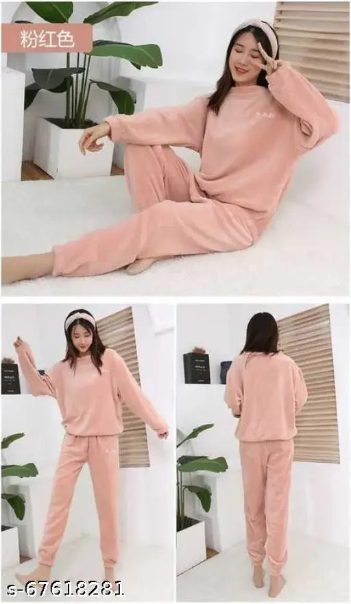 Women's velvet pyjama set, long-sleeved solid top & bottom with soft fabric, India-made winter suit for comfort and style