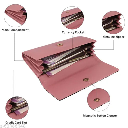 Womens faux leather clutch wallet with four card pockets in a peacock peach color