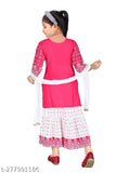 Printed rayon cotton pink girls kurti set with chunri added, three-quarter sleeves, Indian traditional clothing for kids