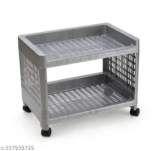 Grey multi-purpose storage organizer with wheels and two shelves, suitable for kitchen and office use