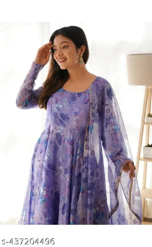 Blue Georgette Gown Set with Flower Print & Dupatta, Indian ethnic wear perfect for functions & daily life