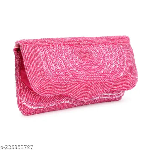 Colorful woven pink clutch with zip closure, designed for evening wear