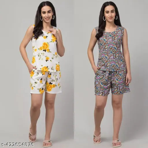 Printed crepe top and shorts set for women, sleeveless, vibrant pattern on display
